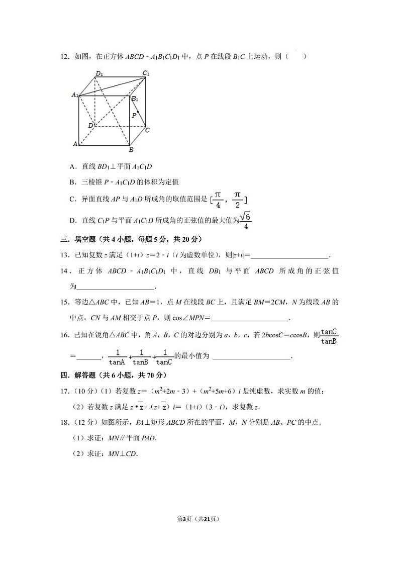 新教材高一下学期五月月考数学试卷（原卷版+答案详解）03