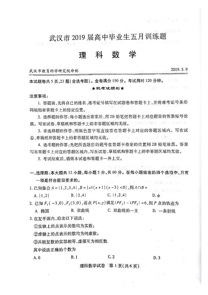 2019届湖北省武汉市高三毕业班5月训练数学（理）试卷（PDF版）第1页