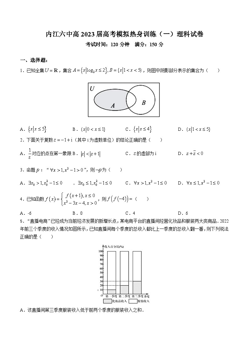 四川省内江市第六中学2023届高三数学（理）下学期高考模拟热身训练（一）试卷（Word版附答案）01