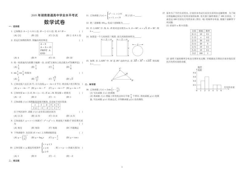 2009-2022湖南学考数学试卷+参考答案01