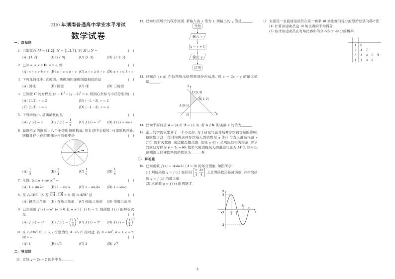2009-2022湖南学考数学试卷+参考答案03