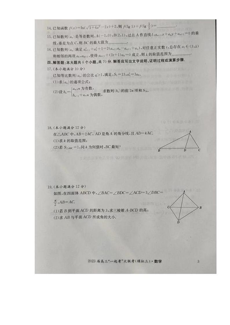 2023届湖南省“一起考”大联考高三下学期5月模拟考试数学试题及答案第3页