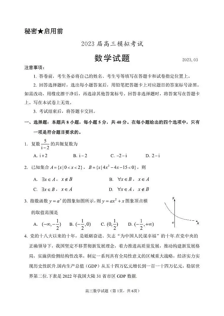 山东枣庄2022-2023高三二模数学试题第1页