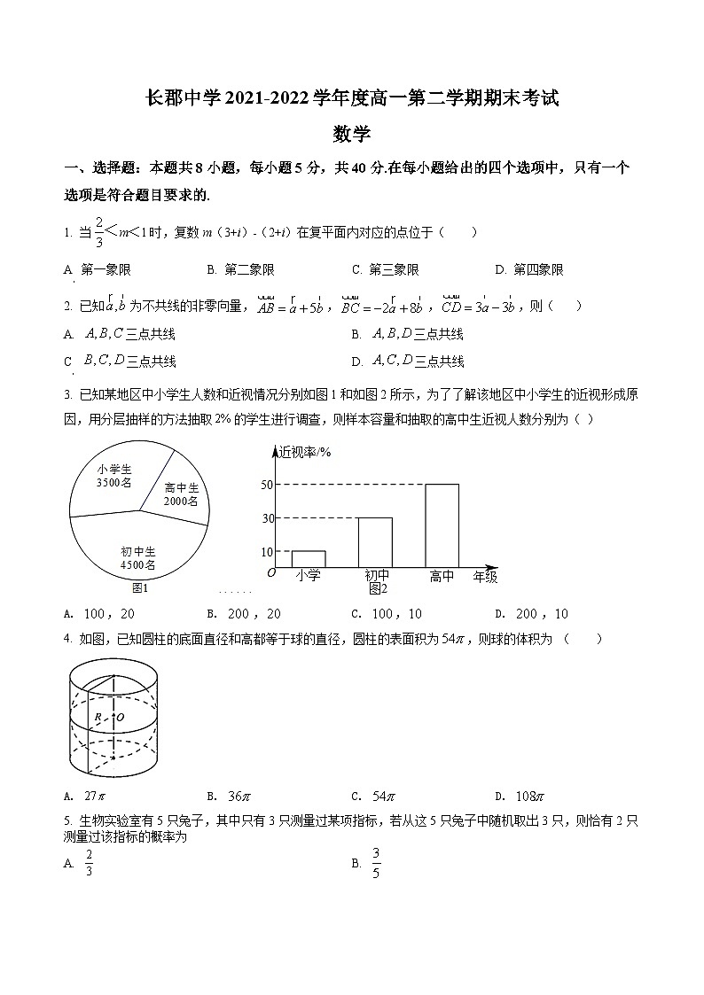 精品解析：湖南省长沙市长郡中学2021-2022学年高一下学期期末数学试题（原卷版）第1页