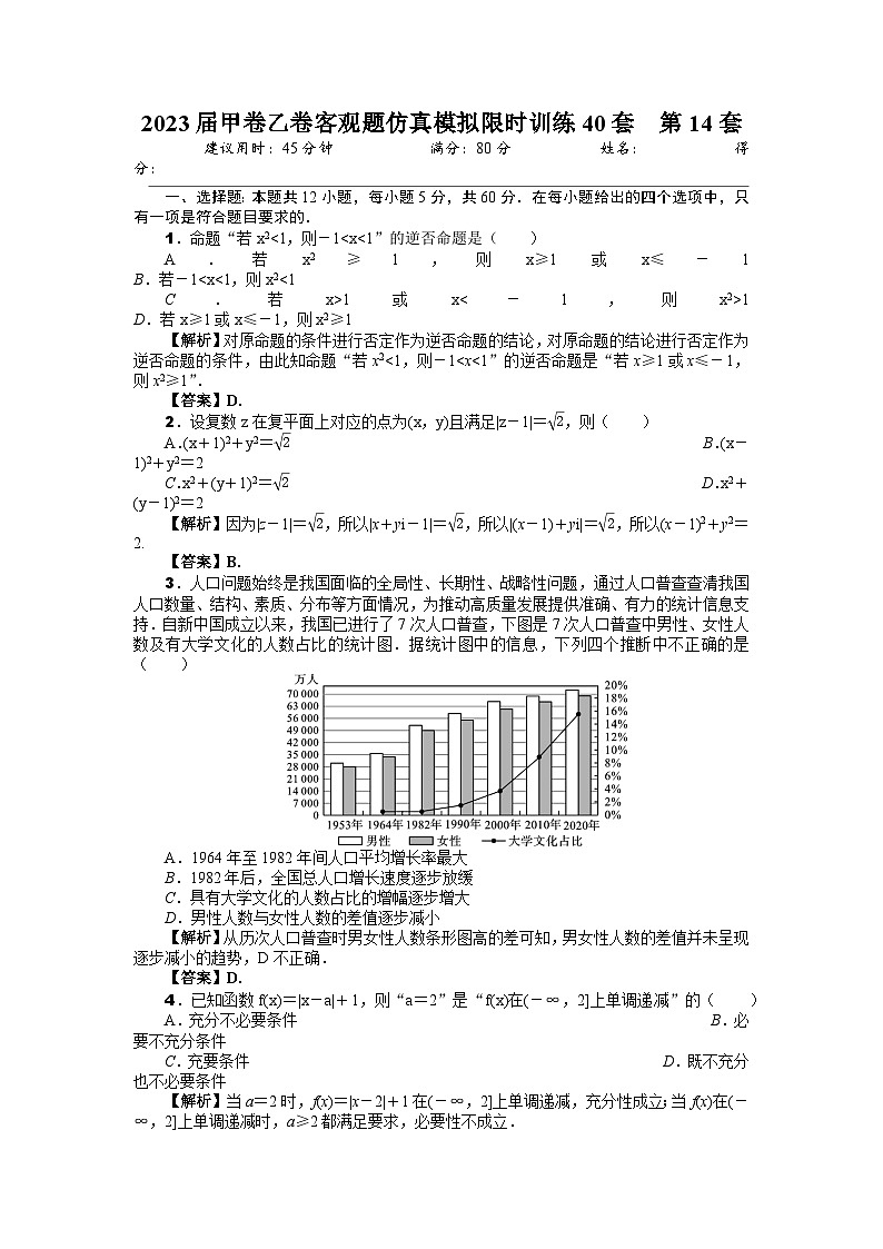 2023届甲卷乙卷客观题仿真模拟限时训练40套  第14套（解析版）第1页