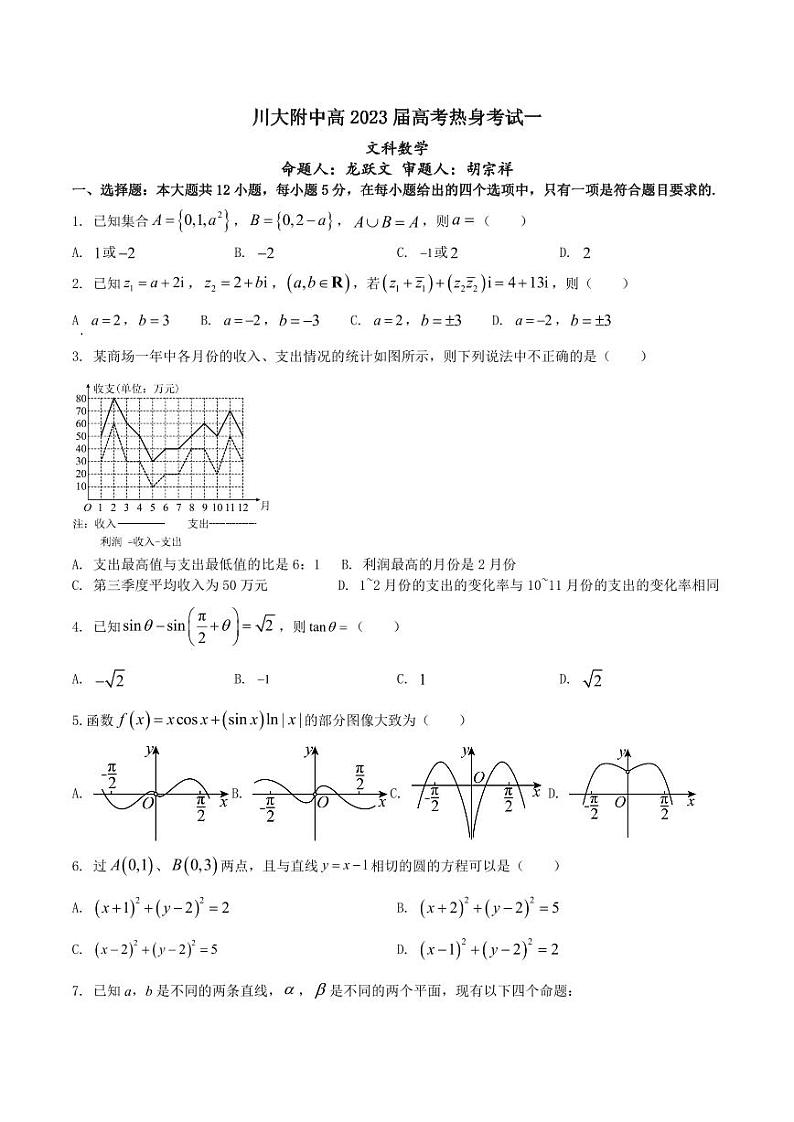 四川省四川大学附属中学2023届高三下学期高考热身考试+数学（文）+PDF版无答案01