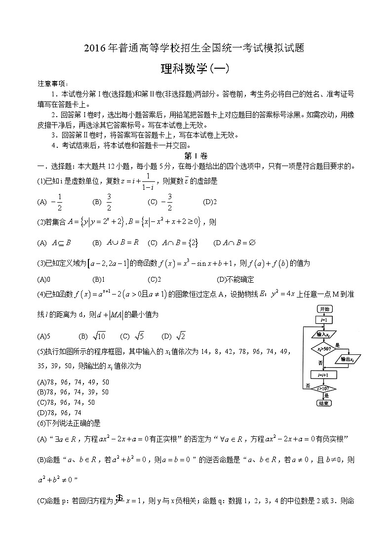河北省衡水中学2016届高三高考模拟押题卷数学（理）试题（金卷一）01