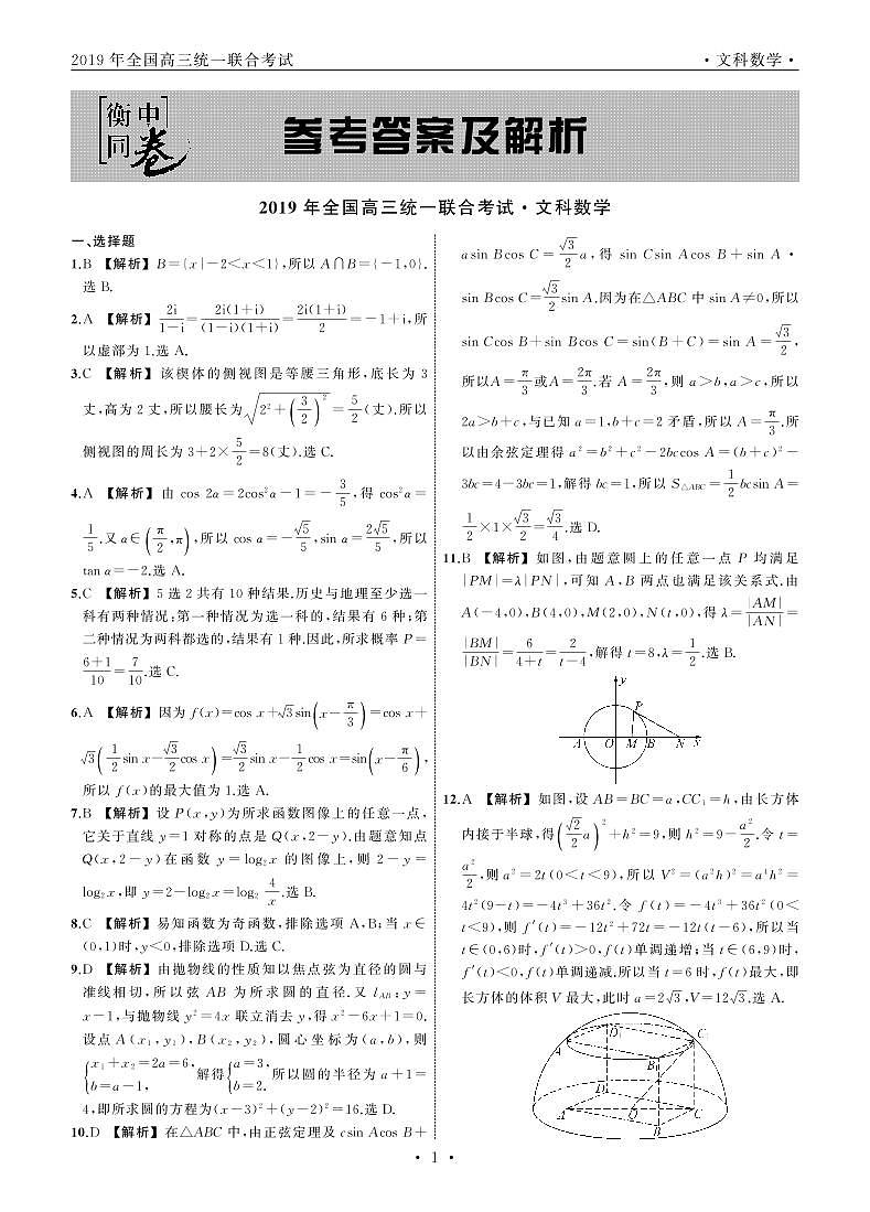 河北省衡水中学2019届高三下学期大联考卷Ⅰ数学试题（文）（PDF版）01