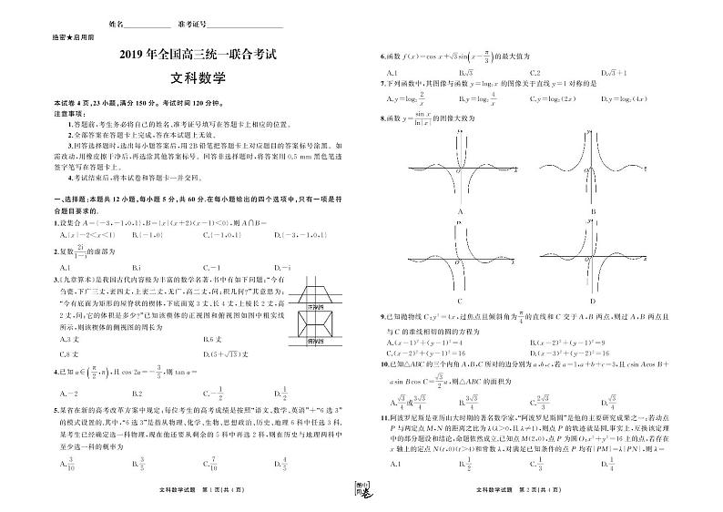 河北省衡水中学2019届高三下学期大联考卷Ⅰ数学试题（文）（PDF版）01