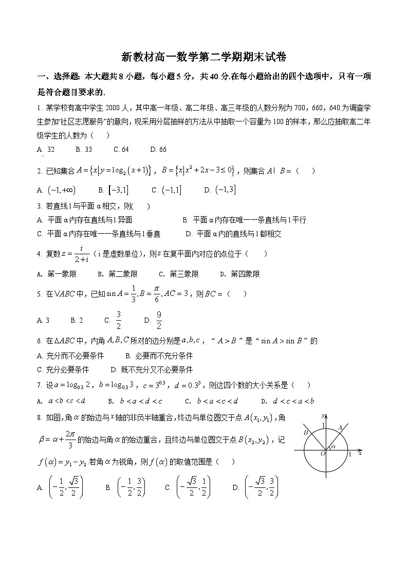 新教材高一数学第二学期期末试卷五（原卷版+教师版）第1页
