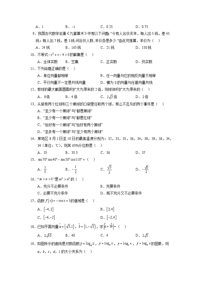 2022年12月山东省普通高中学业水平合格性考试数学模拟卷0202