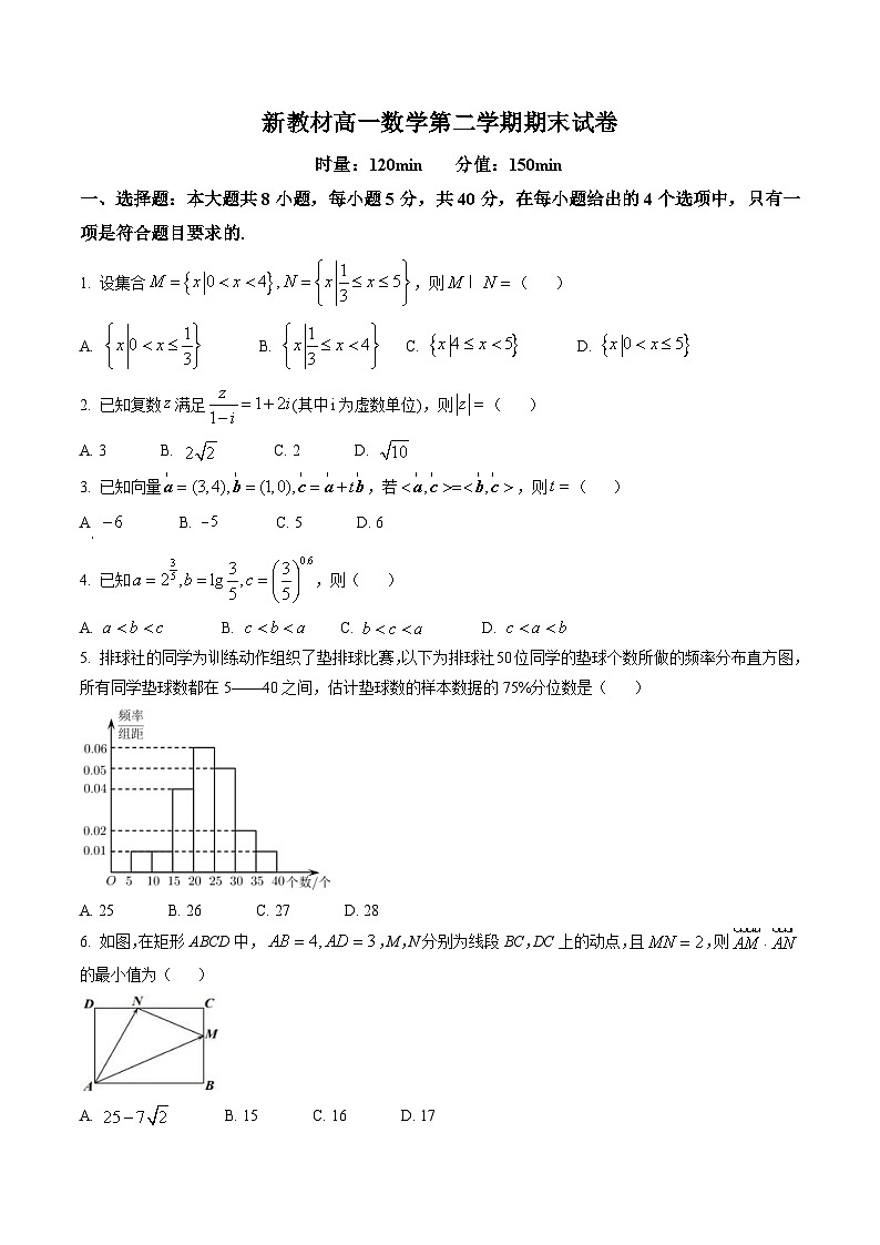 新教材高一数学第二学期期末试卷十二（原卷版+教师版）第1页