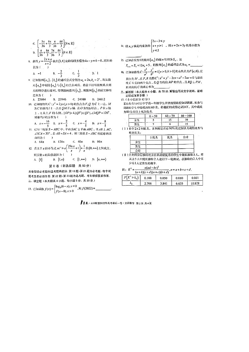 1号卷·A10联盟2022年高考最后一卷数学（文科）02