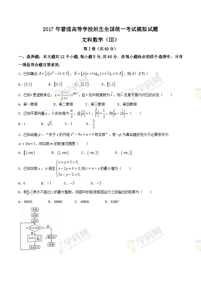 河北省衡水中学2017届高三押题卷（III卷）文数试题01