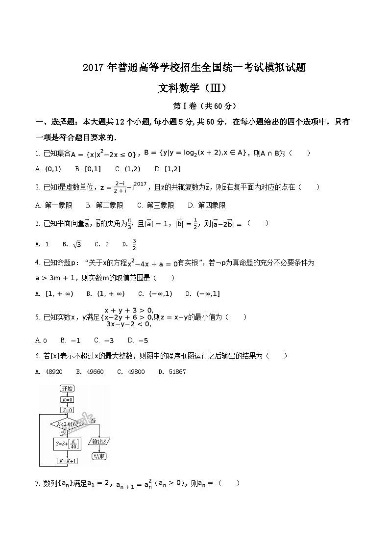 精品解析：【全国百强校】河北省衡水中学2017届高三押题卷III文数试题（原卷版）第1页