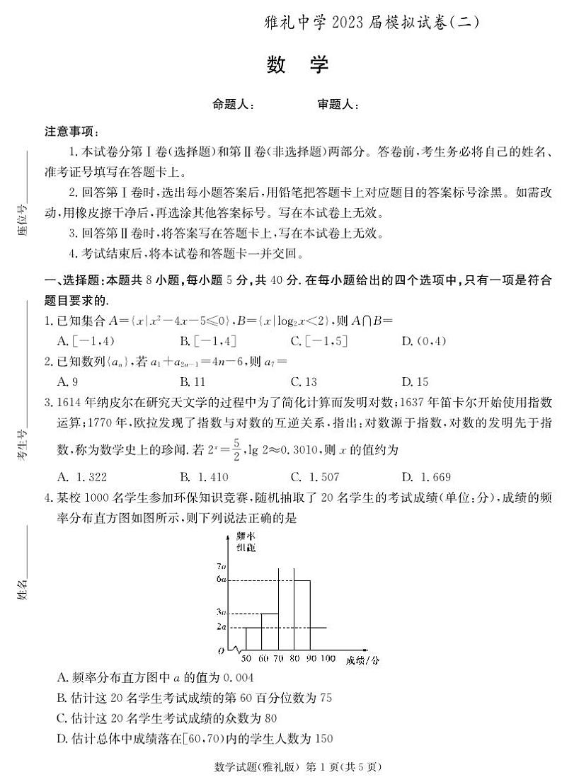 2023届湖南省长沙市雅礼中学高三二模数学试题01