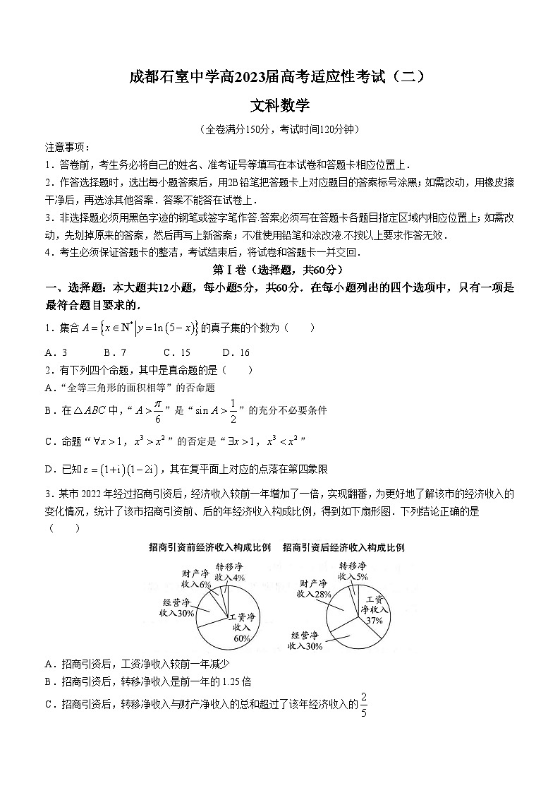 四川省成都市石室中学2023届高三下学期高考适应性考试（二）数学（文）+Word版含解析第1页