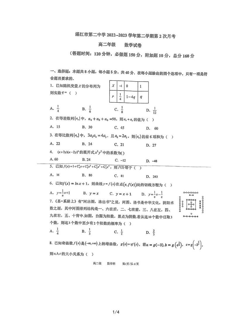 广东省湛江市第二中学2022-2023学年高二下学期第2次月考数学试题第1页