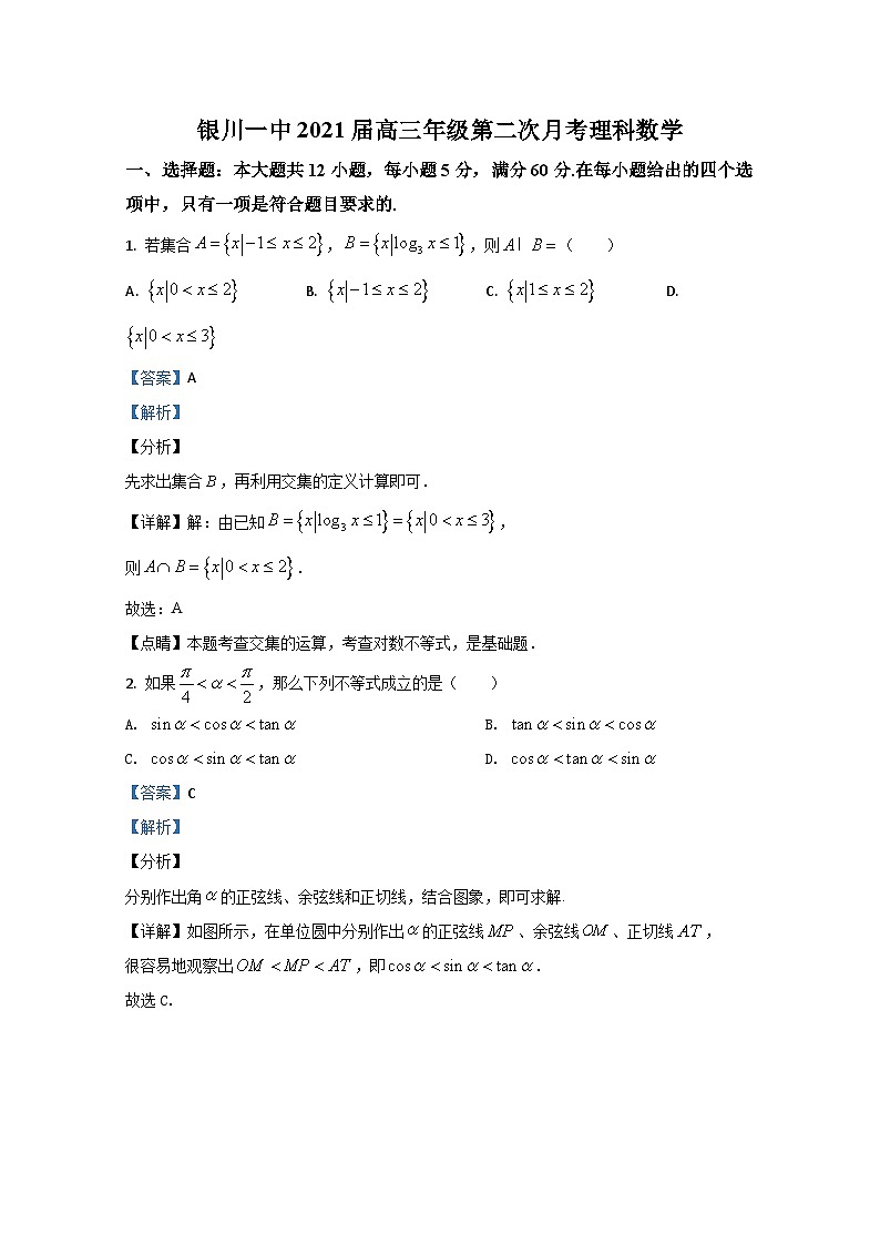 宁夏银川市第一中学2021届高三第二次月考理科数学试题 Word版含解析01
