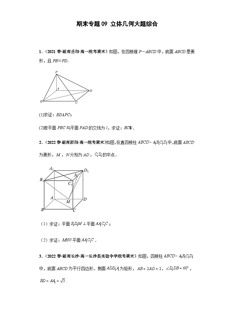 期末专题09 立体几何大题综合-【备战期末必刷真题】高一下学期期末考试真题必刷满分训练（新高考湖南专用）原卷版第1页