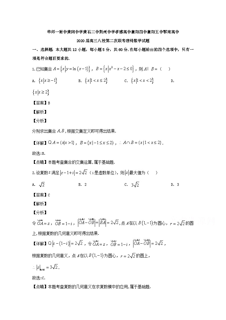 湖北省八校2020届高三下学期第二次联考数学（理）试题 Word版含解析第1页