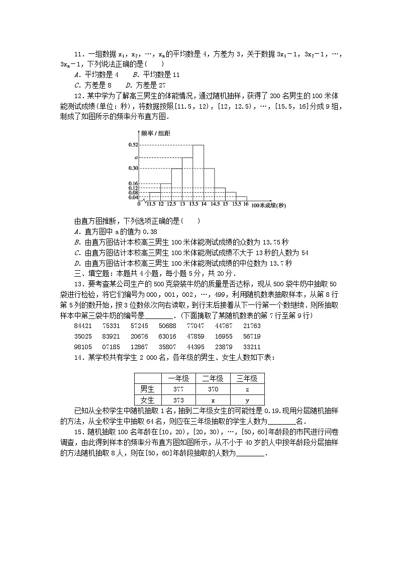 2023版新教材高中数学单元素养测评卷四第九章统计新人教A版必修第二册03