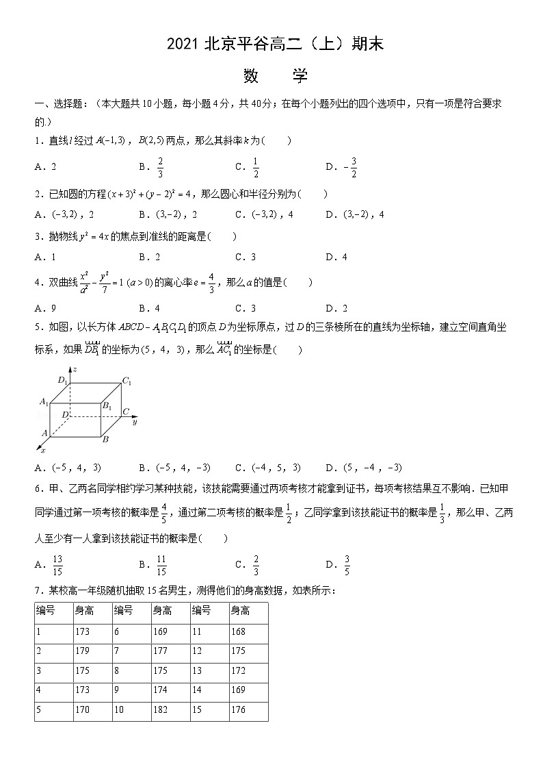 2021北京平谷高二（上）期末数学（教师版）第1页