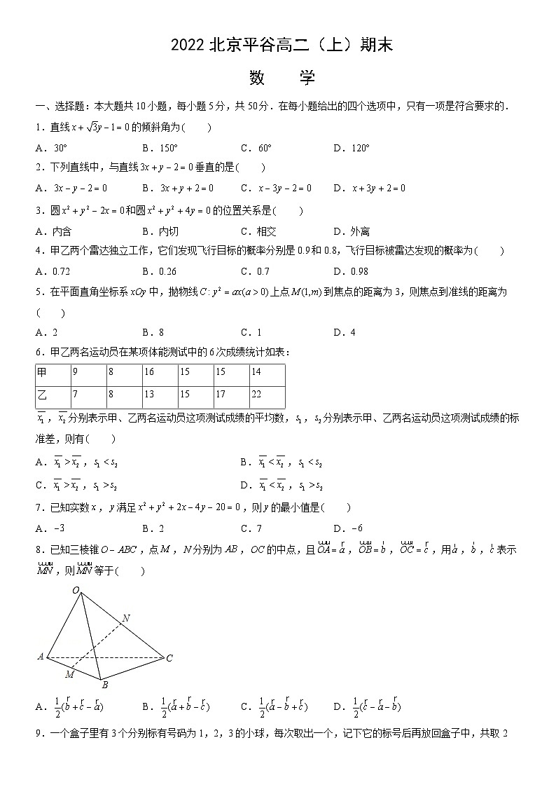 2022北京平谷高二（上）期末数学（教师版）第1页
