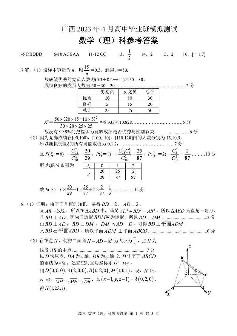 广西壮族自治区2022-2023学年高三下学期4月模拟考试 理数答案第1页