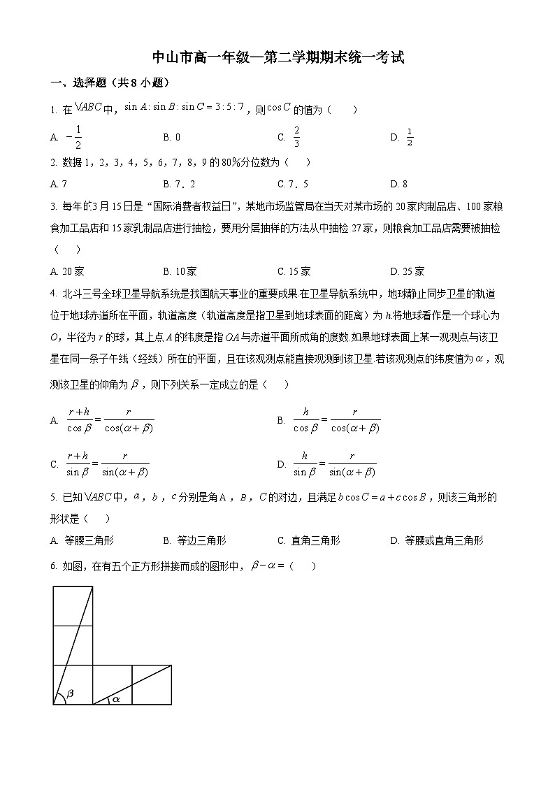 精品解析：广东省中山市高一下学期期末数学试题01