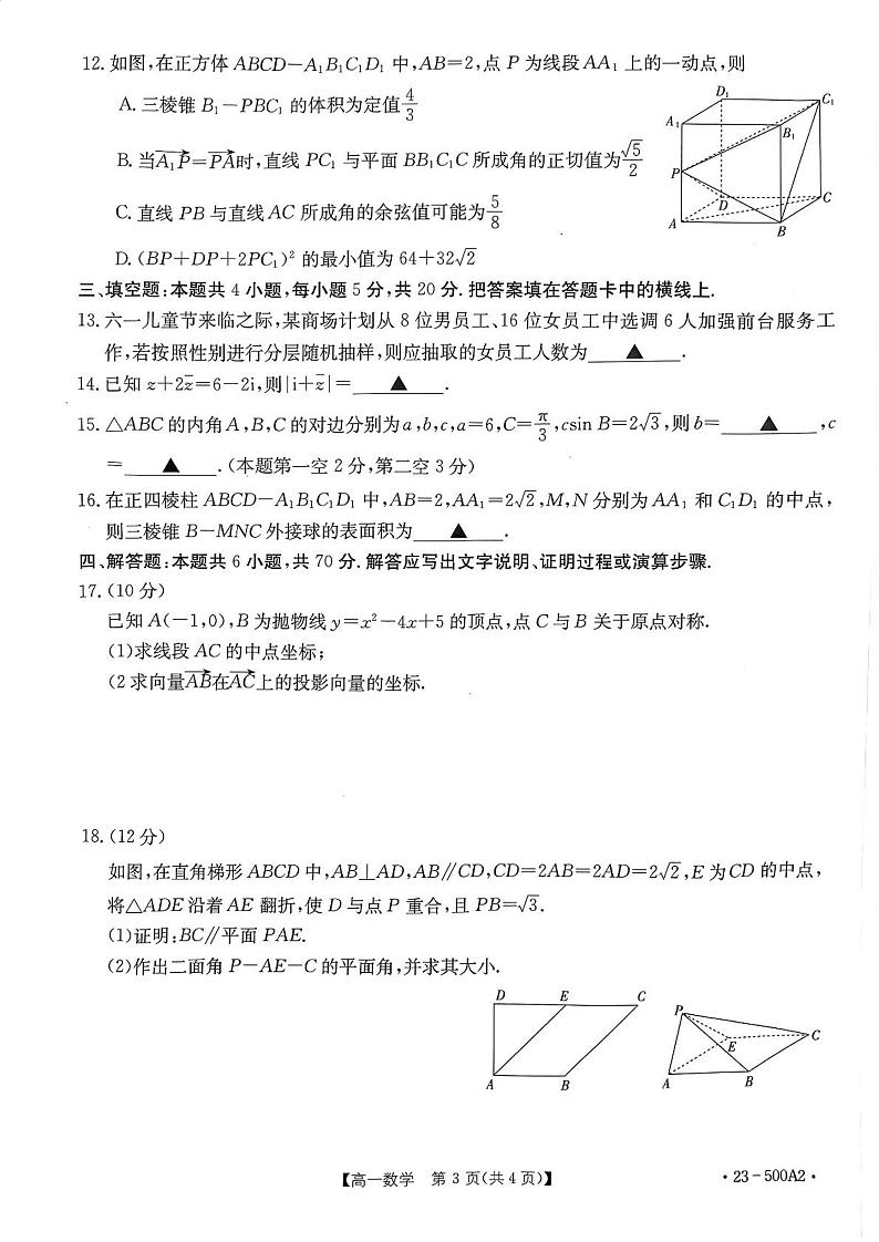 新教材数学高一下学期6月月考数学试题（原卷版+教师版）03