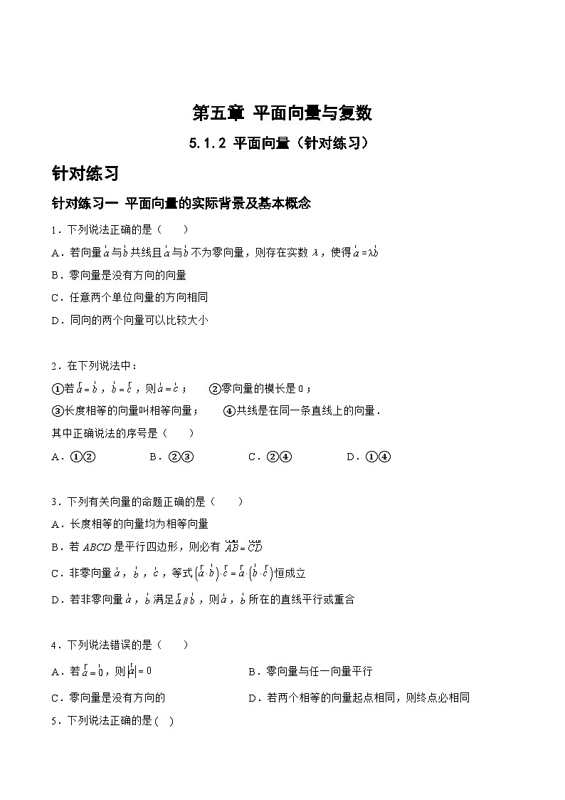 5.1.2平面向量（针对练习）-备战高三数学一轮复习题型与战法精准训练（新高考专用）（原卷版）第1页