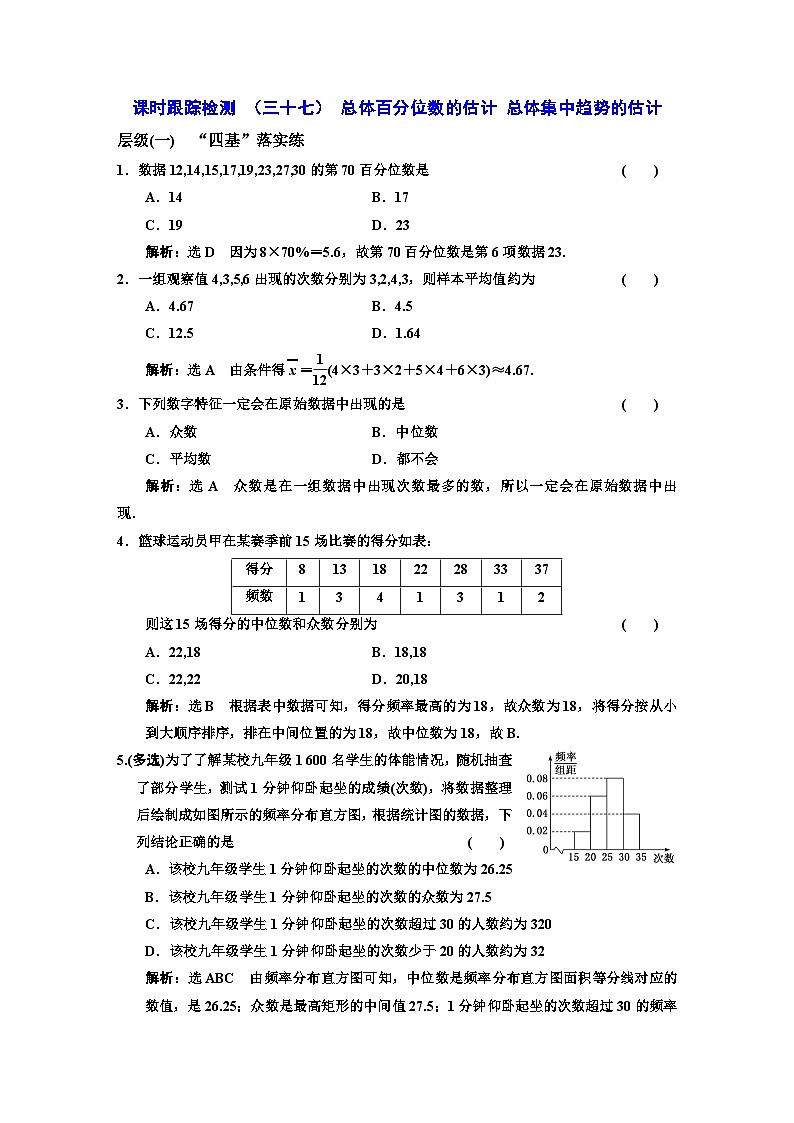 人教A版高中数学必修第二册课时跟踪检测（三十七）总体百分位数的估计总体集中趋势的估计含答案01