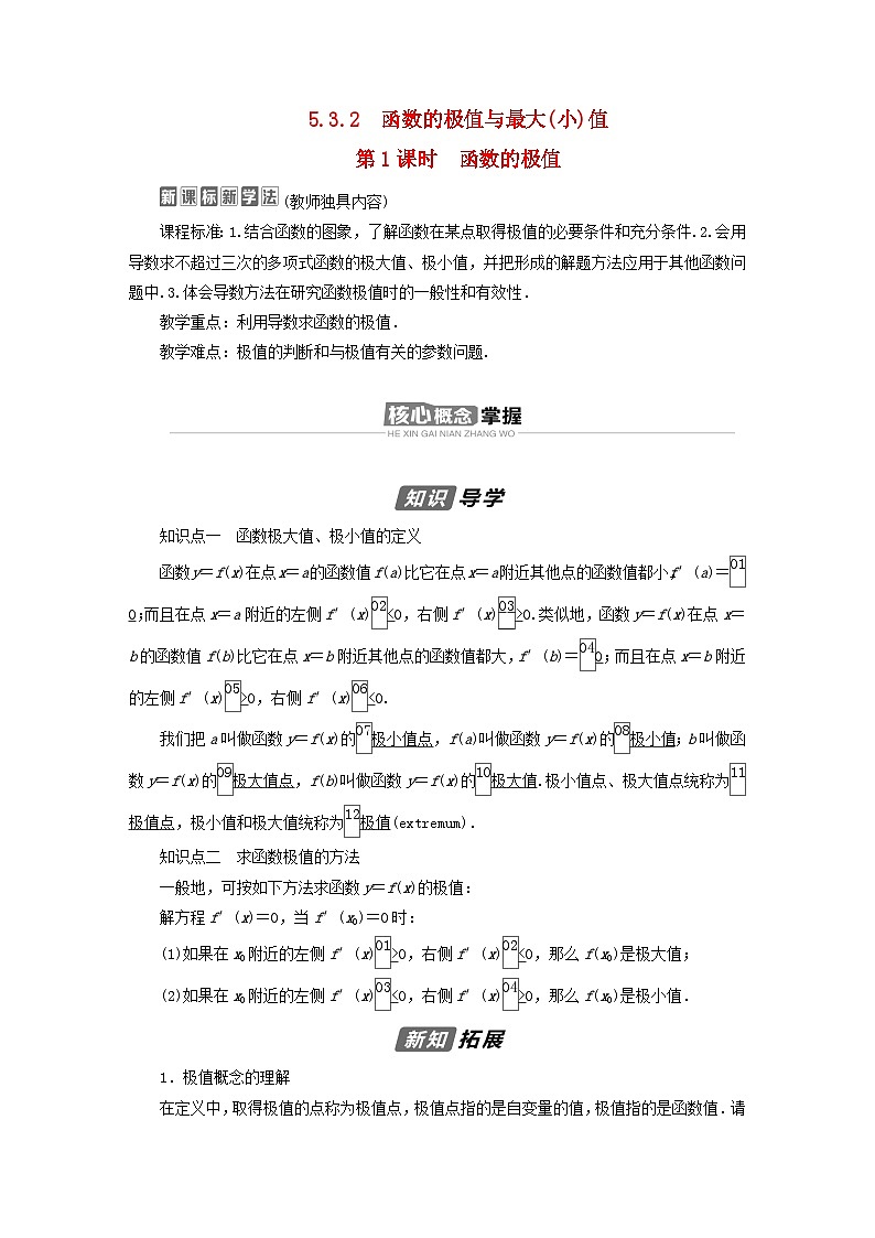 新教材2023年高中数学第五章一元函数的导数及其应用5.3导数在研究函数中的应用5.3.2函数的极值与最大小值第1课时函数的极值导学案新人教A版选择性必修第二册01