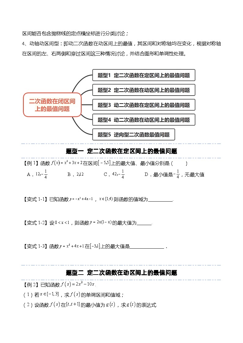 函数专题：二次函数在闭区间上的最值问题-高一数学上学期同步讲与练(人教A版必修第一册)（原卷版）第2页