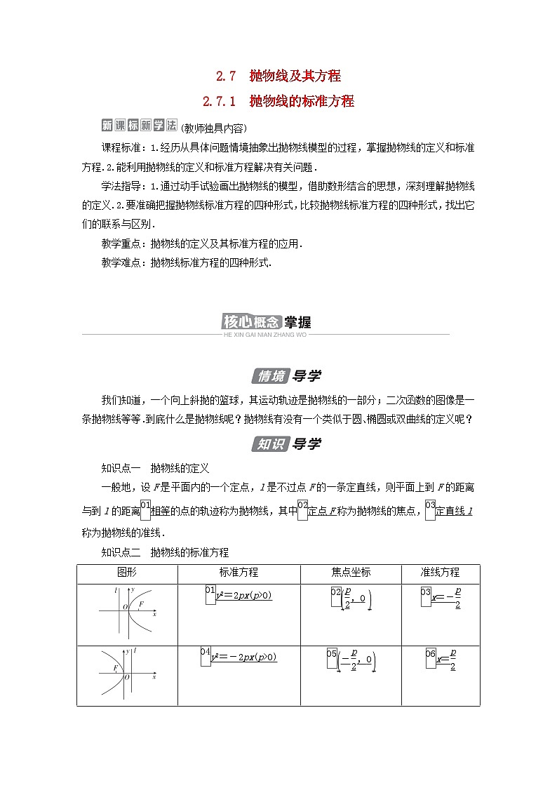 新教材2023年高中数学第2章平面解析几何2.7抛物线及其方程2.7.1抛物线的标准方程导学案新人教B版选择性必修第一册01