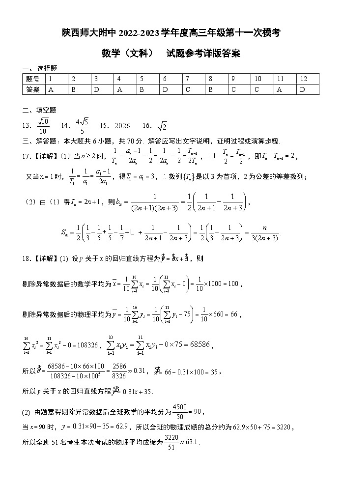 2023陕西省师大附中高三下学期第十一次模考数学（文）试题含答案01