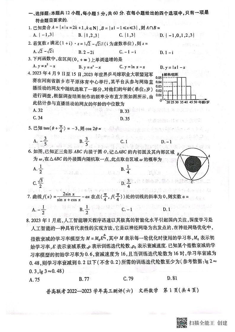 2023河南省普高联考高三下学期测评（六）数学（文）PDF版含解析02
