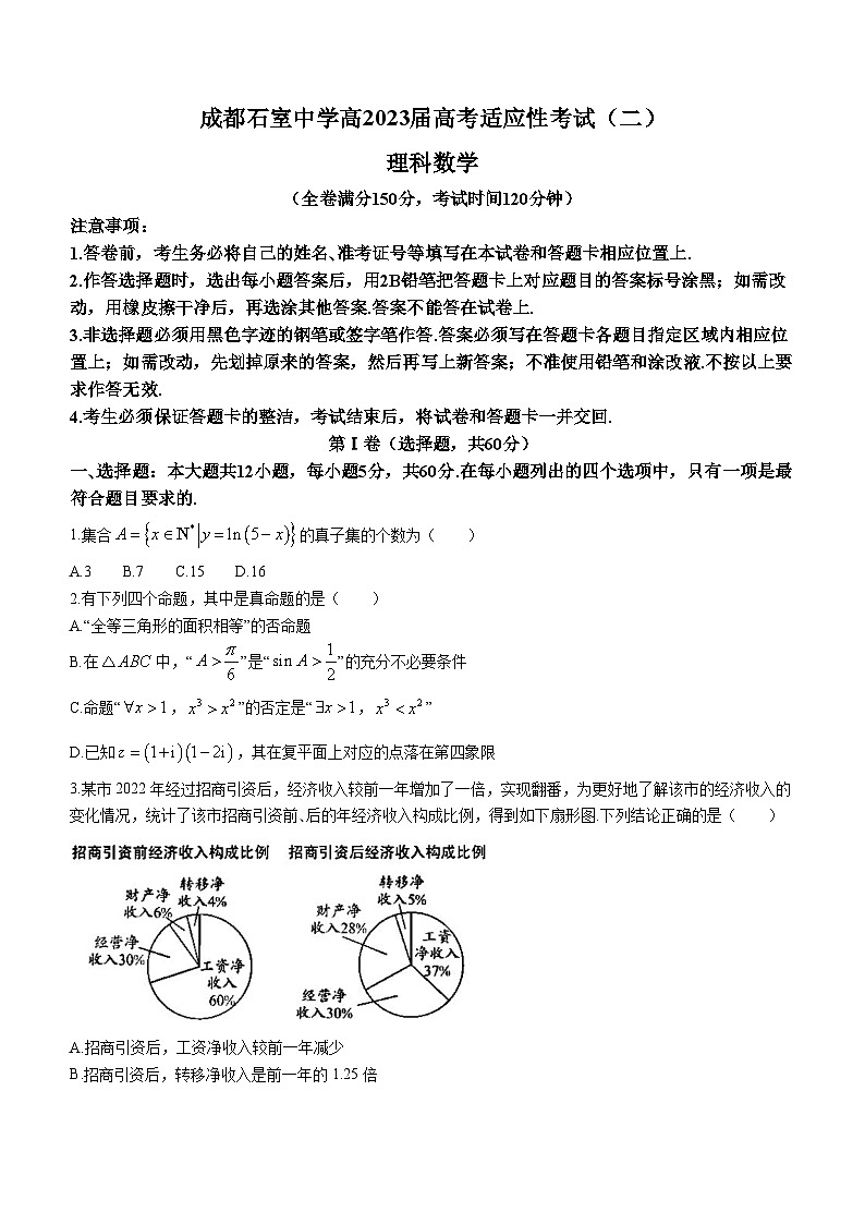 2023成都石室中学高三下学期高考适应性考试（二）数学（理）含解析01
