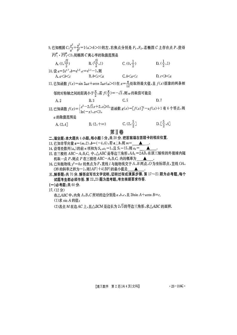 河南省驻马店市2023届高三上学期期末文科数学试卷+答案02