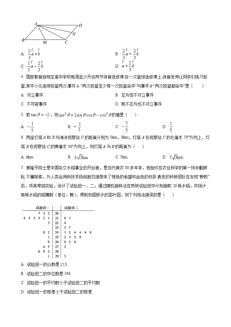 陕西省渭南市韩城市2021-2022学年高一下学期期末数学试题无答案第2页