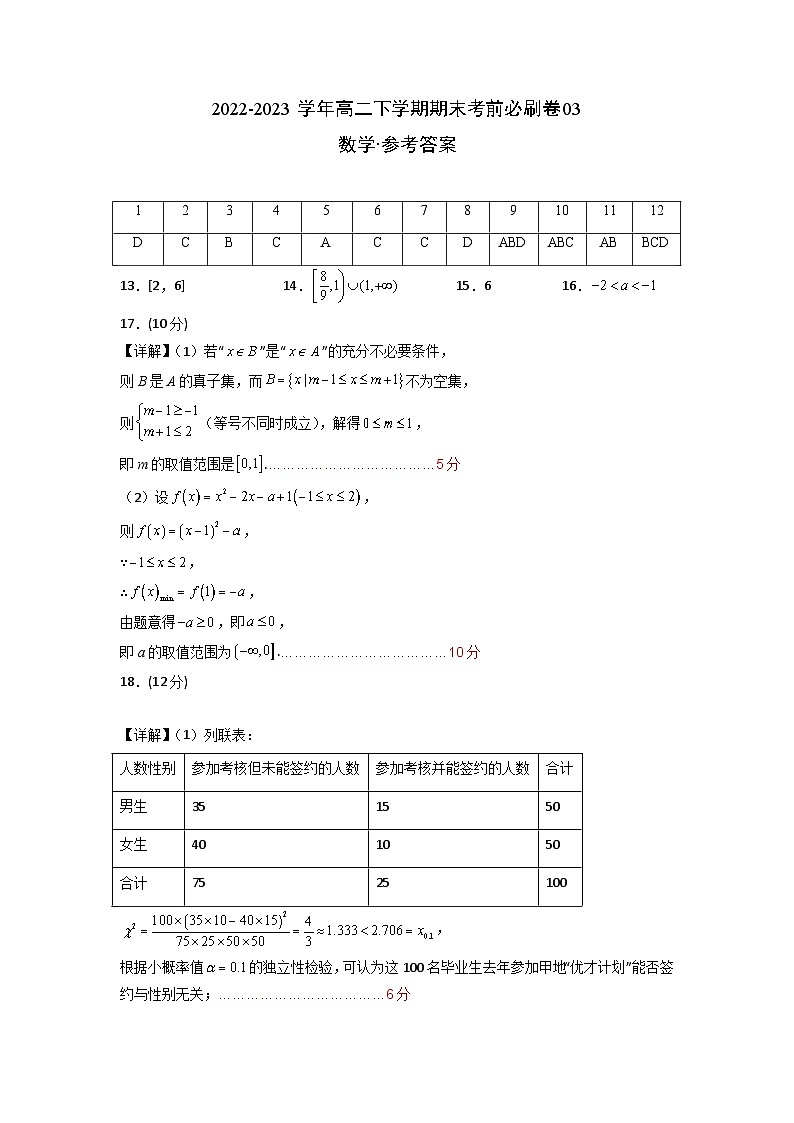 数学03卷（人教A版2019）-2022-2023学年高二下学期期末考前必刷卷01