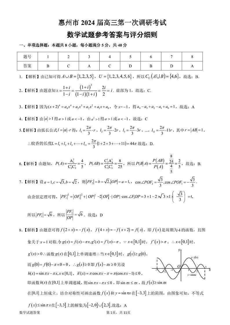 惠州市2024届高三第一次调研考试数学参考答案与评分细则第1页