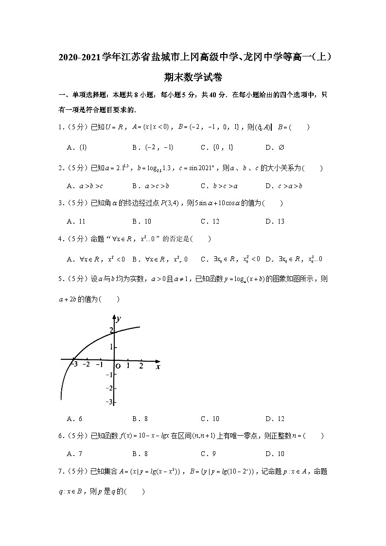 2020-2021学年江苏省盐城市上冈高级中学、龙冈中学等高一（上）期末数学试卷第1页
