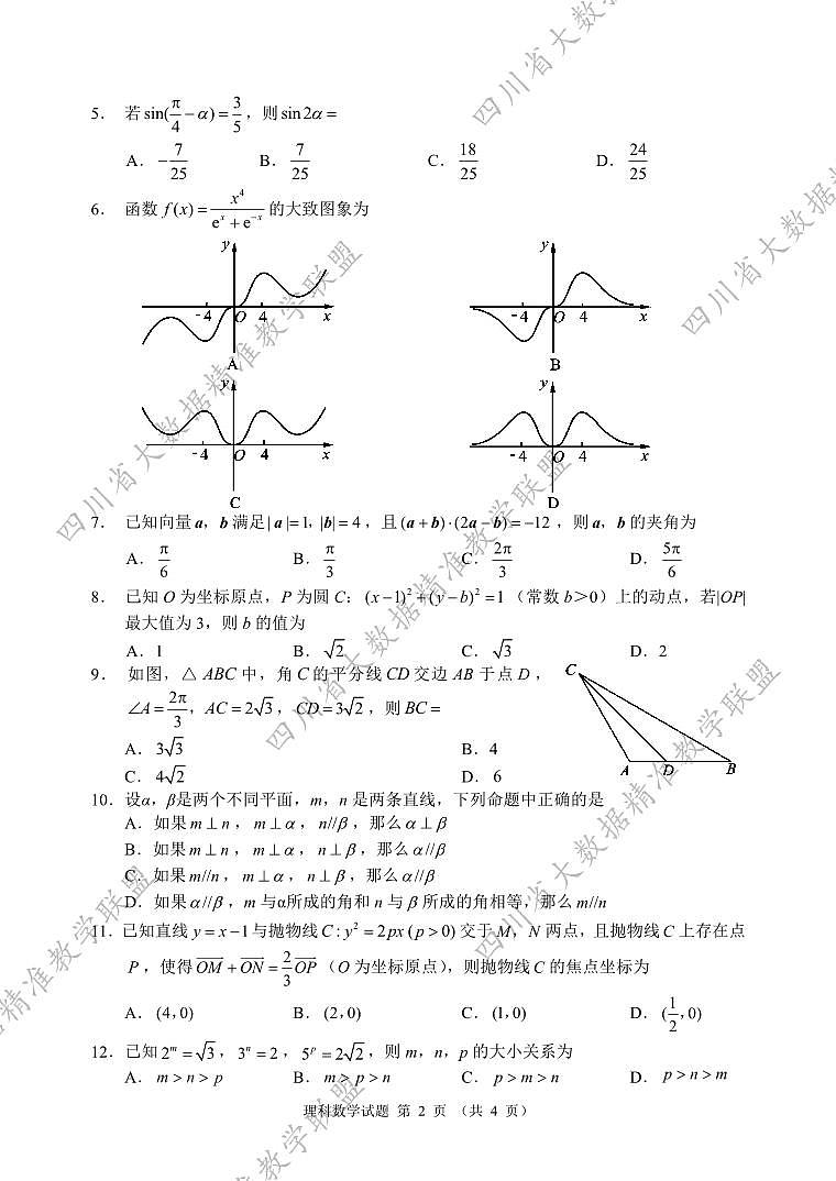 四川省大数据精准教学联盟2018 级高三第二次统一监测数学理科第2页