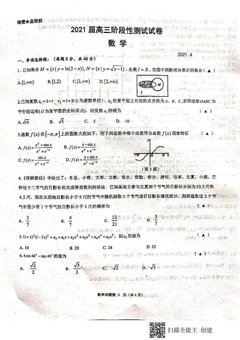 江苏省南通市海门中学等四校2021届高三4月份联考数学试卷第1页