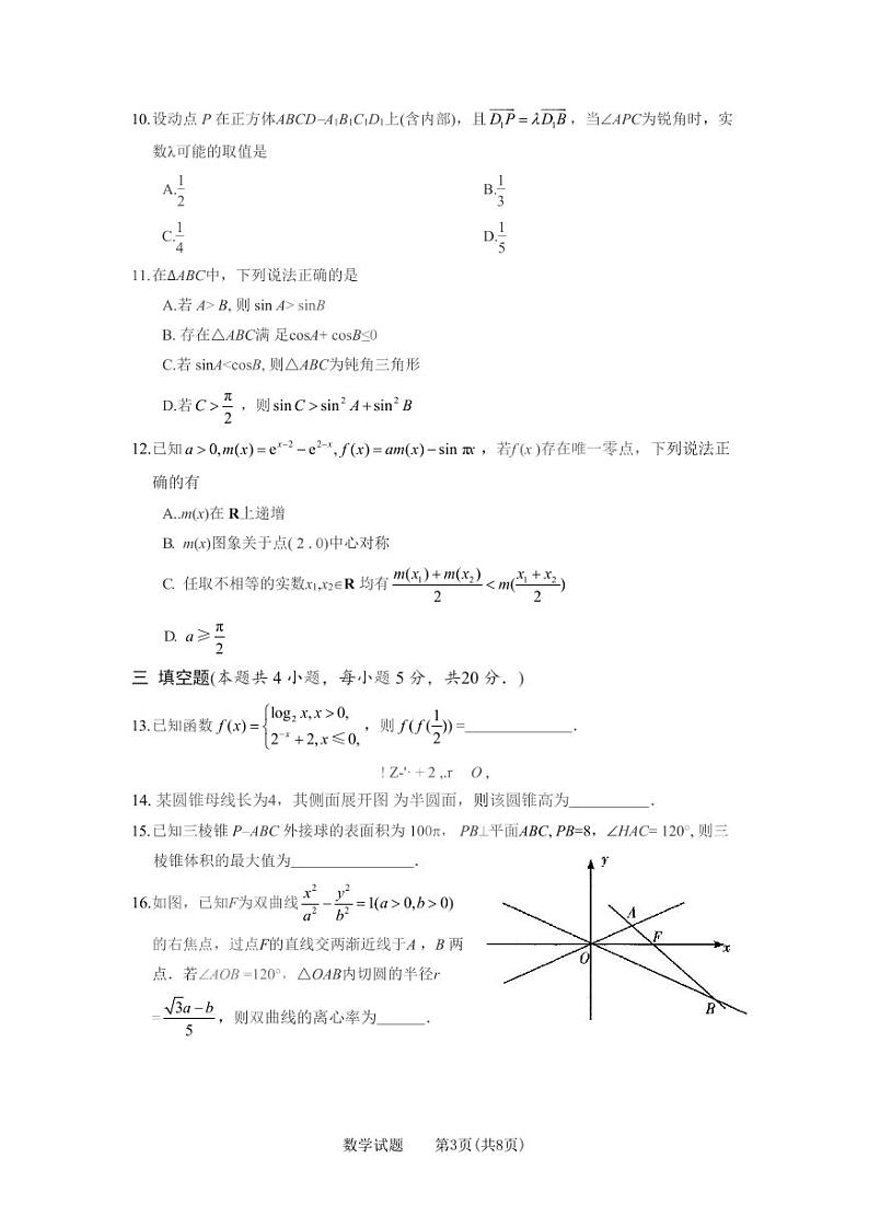 湖南省长郡中学、师大附中、长沙市一中联合体2021届高三12月联考数学试卷第3页