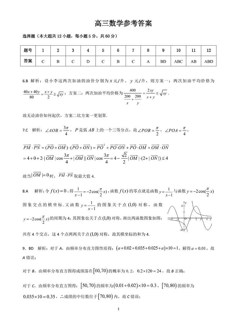 湖南省五市十校2020届高三下学期第二次大联考数学试卷参考答案01