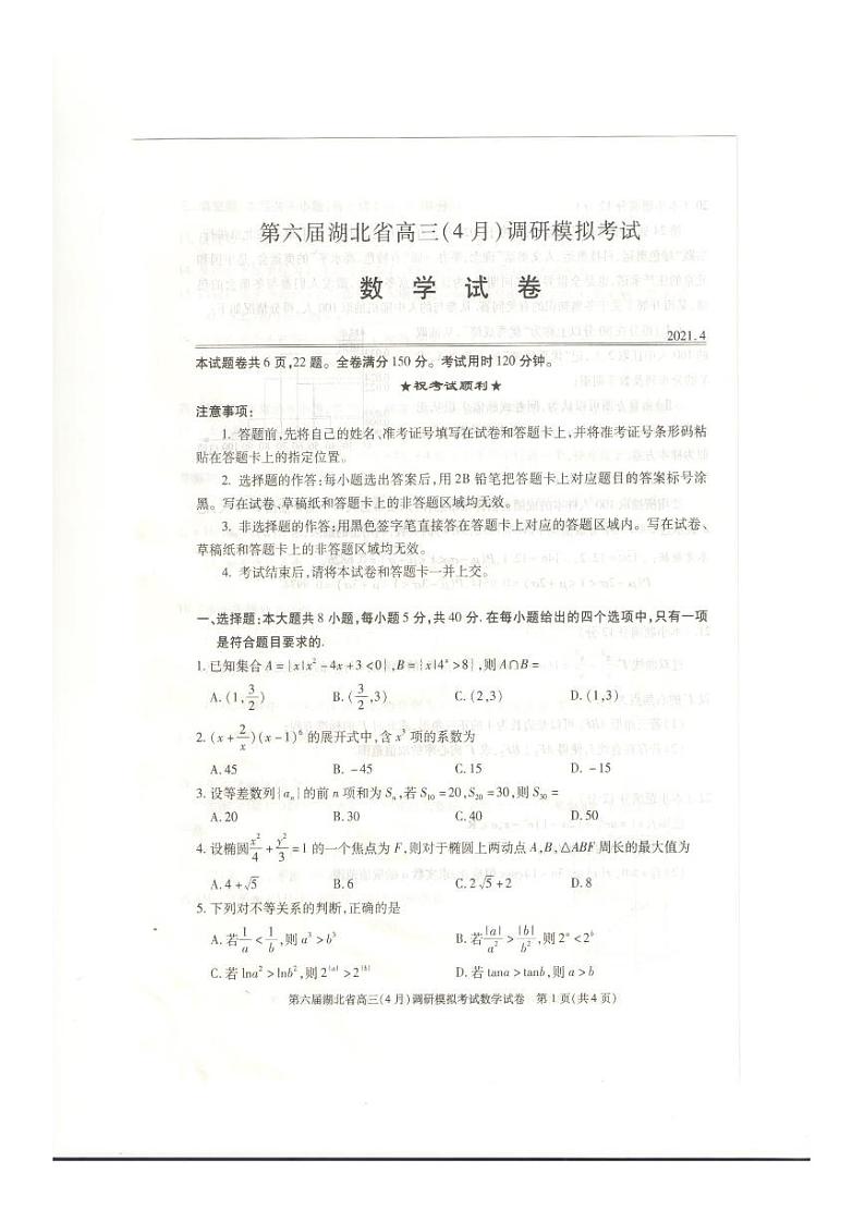 湖北省2021届高三（4月）调研模拟考试数学试卷第1页