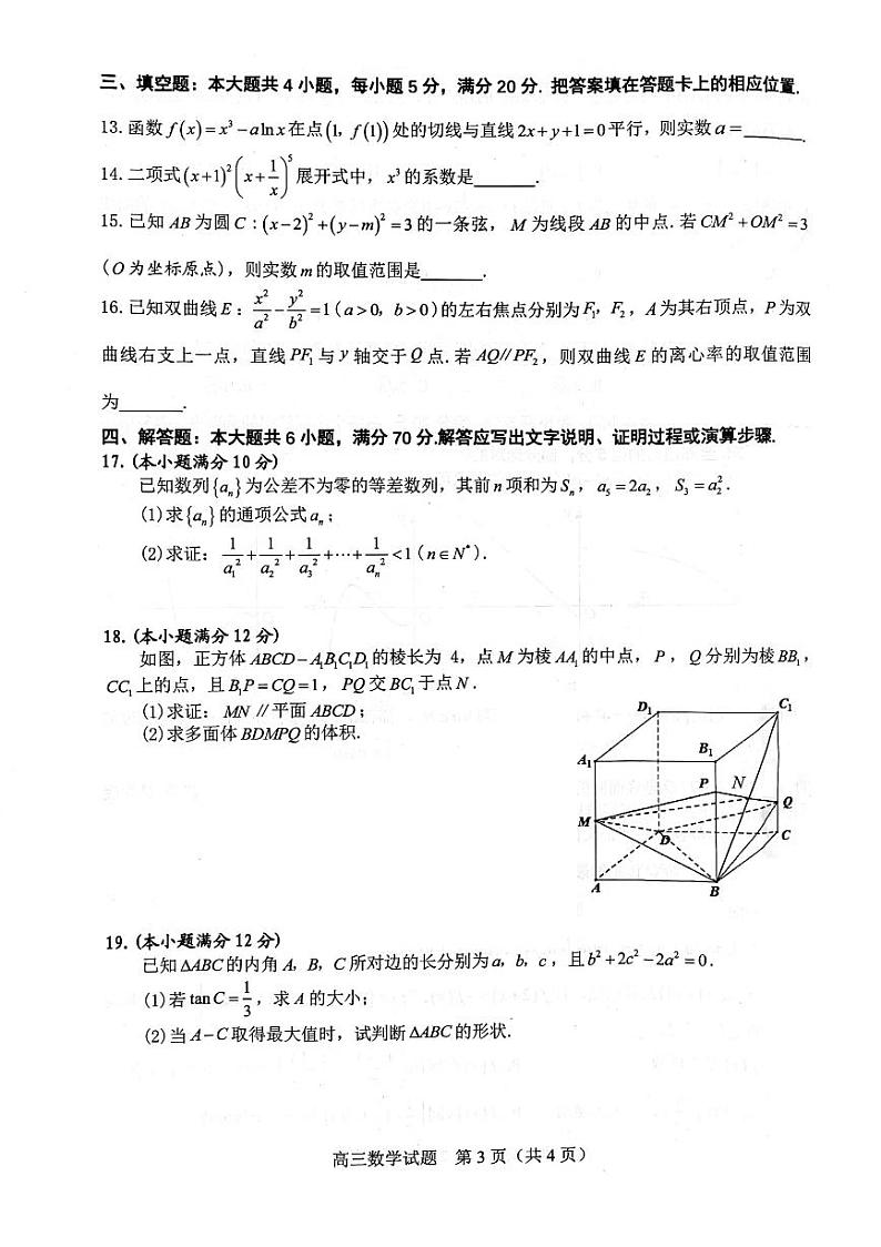 安徽省合肥市2023届高三第一次教学质量检测数学试卷+答案03